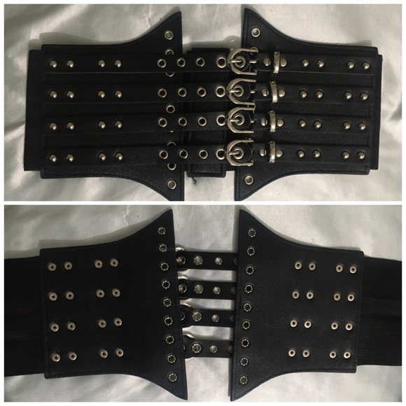SOLD - NWOT Faux Leather Eyelet Buckle Studded Waist Corset - Picture 3 of 3